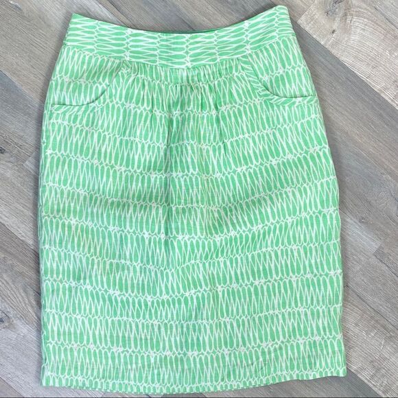 Boden Pintuck Printed Linen Skirt Green Ivory 6 Knee Length - Picture 7 of 13